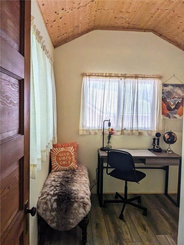 office featuring dark hardwood / wood-style floors, lofted ceiling, and wood ceiling