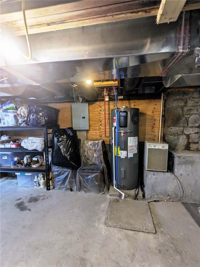 basement with electric panel and water heater