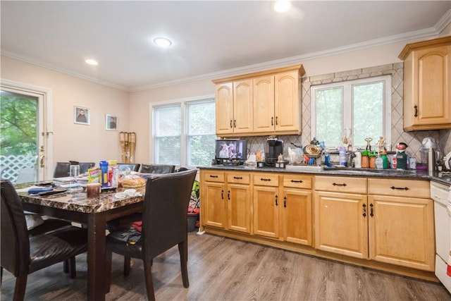 kitchen featuring sink, plenty of natural light, light hardwood / wood-style flooring, and ornamental molding