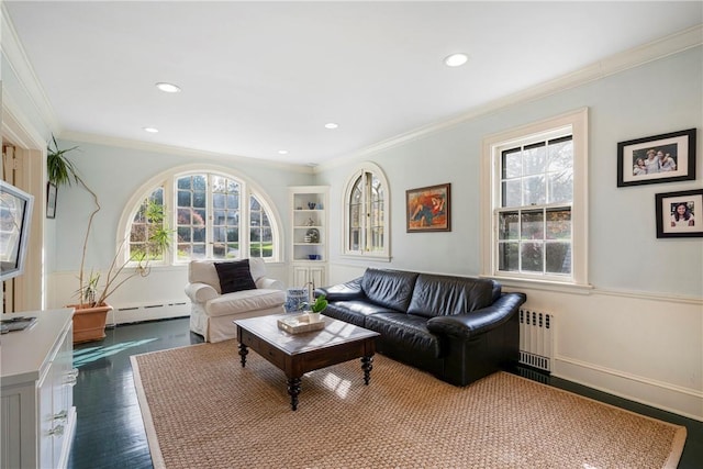 living room featuring dark hardwood / wood-style floors, baseboard heating, radiator, and crown molding