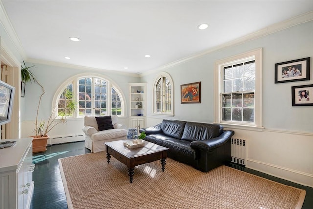 290 Overlook Rd, New Rochelle, NY 10804 - living room featuring a baseboard radiator, radiator, ornamental molding, recessed lighting, and dark wood-type flooring