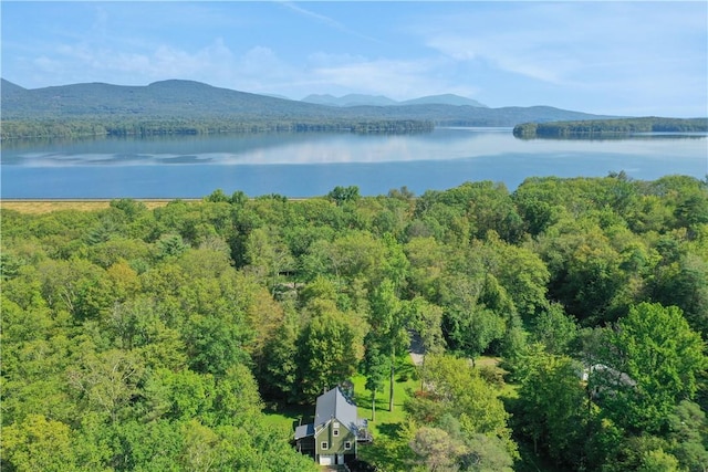 aerial view featuring a water and mountain view