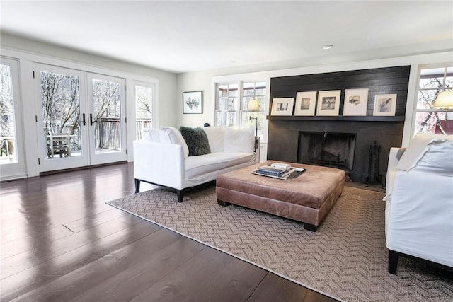 living room with dark hardwood / wood-style floors and french doors