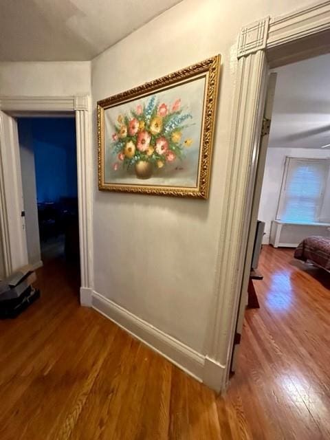 corridor with wood-type flooring