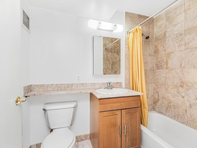 full bathroom featuring vanity, toilet, and shower / bathtub combination with curtain