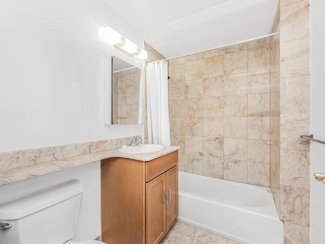 full bathroom with tile patterned flooring, vanity, shower / bath combination with curtain, and toilet