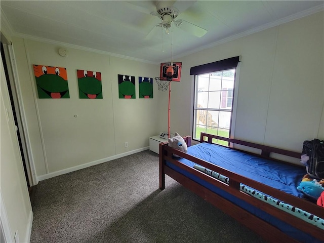 carpeted bedroom with ceiling fan and ornamental molding