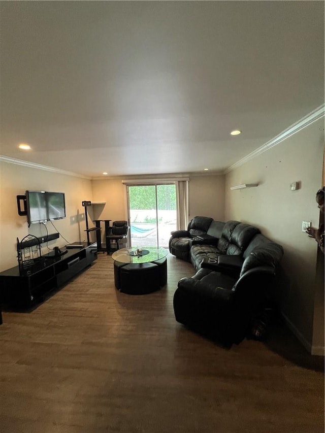 living room featuring hardwood / wood-style floors and ornamental molding