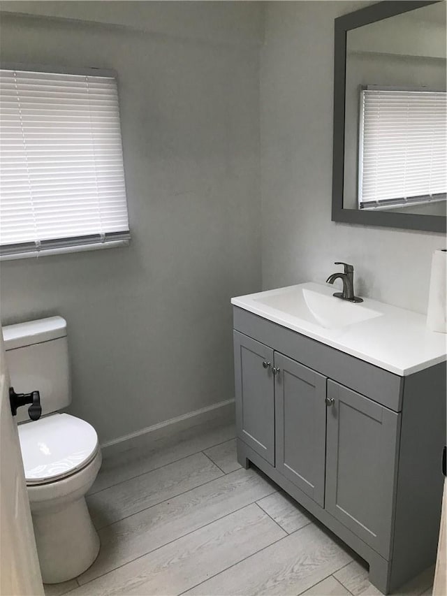 bathroom with vanity, toilet, and wood-type flooring