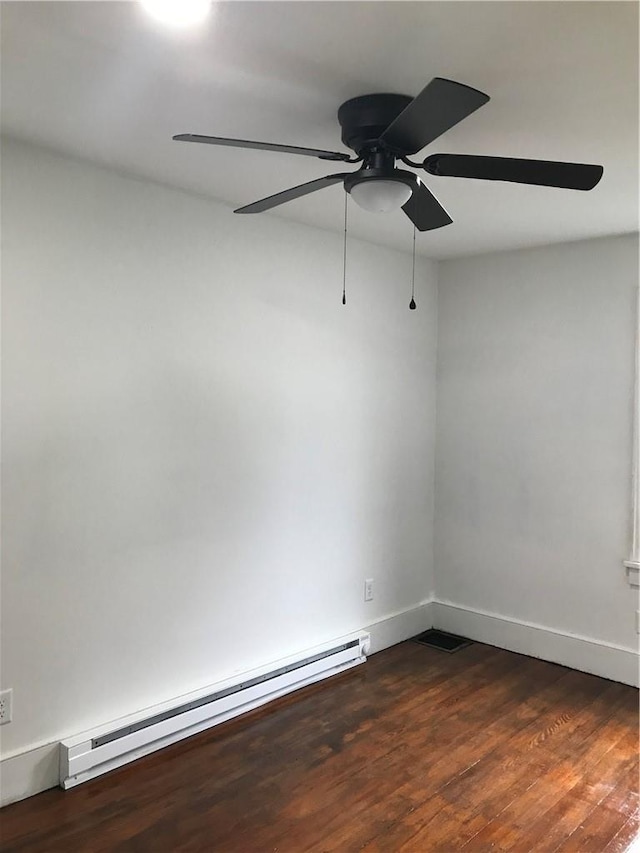 empty room featuring ceiling fan, a baseboard radiator, and dark hardwood / wood-style floors