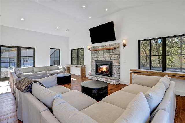 living room with a stone fireplace, dark hardwood / wood-style flooring, and high vaulted ceiling