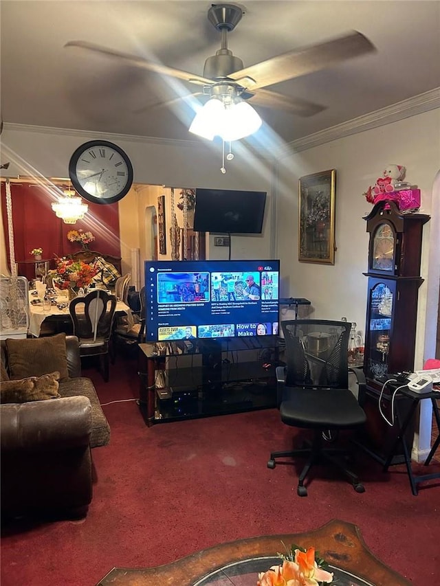 carpeted living room with ceiling fan and ornamental molding