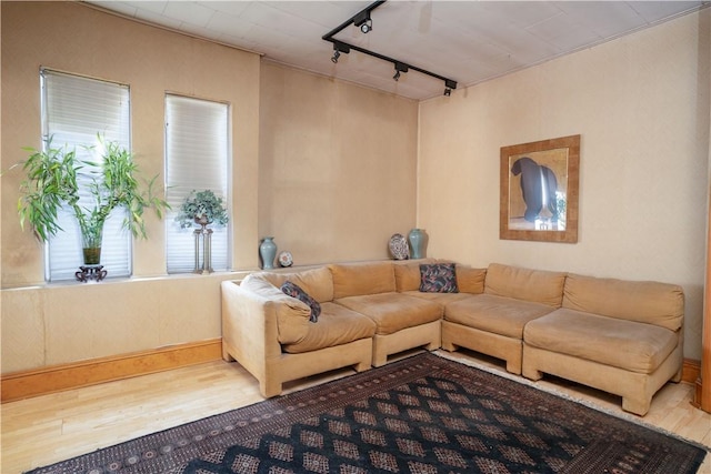 living room with hardwood / wood-style floors and rail lighting