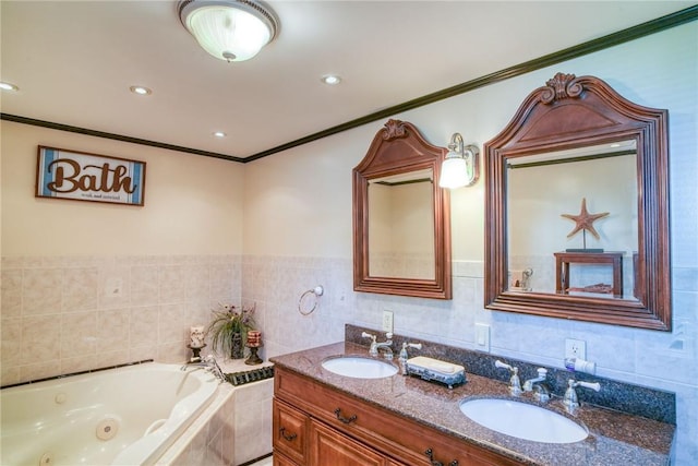 bathroom featuring vanity, ornamental molding, and tiled bath