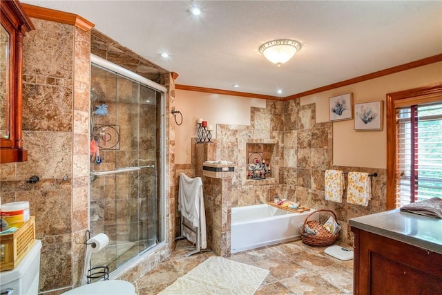 full bathroom with vanity, independent shower and bath, tile walls, and crown molding