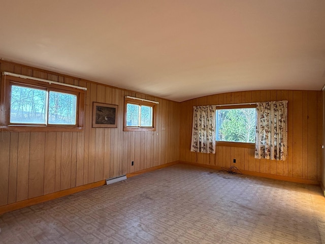 79 Powder House Rd, Amenia, NY 12501 - empty room with plenty of natural light, baseboard heating, wooden walls, lofted ceiling, and baseboards
