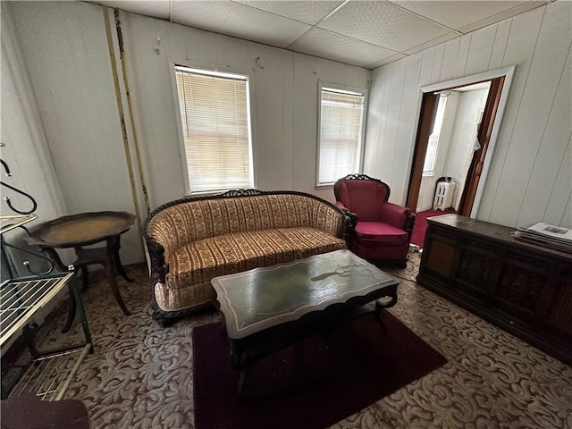 sitting room with wood walls