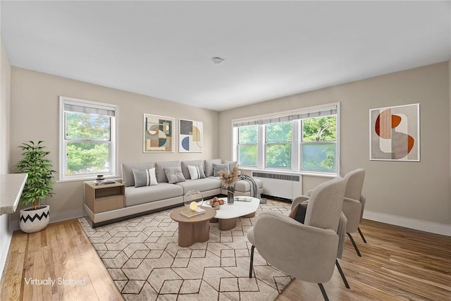 living room featuring a wealth of natural light, radiator, and light hardwood / wood-style flooring