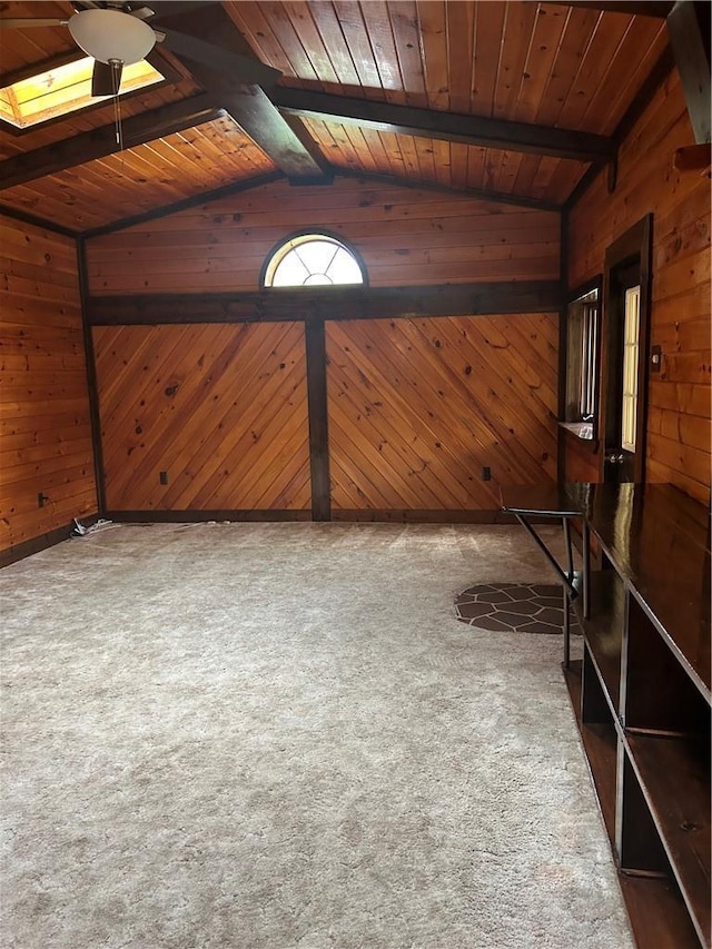 110 Foss Ln, Huguenot, NY 12746 - additional living space featuring wood walls, vaulted ceiling, carpet flooring, wooden ceiling, and ceiling fan