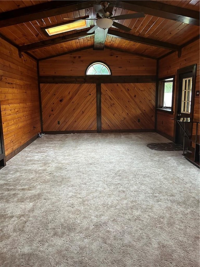 110 Foss Ln, Huguenot, NY 12746 - miscellaneous room featuring wood walls, plenty of natural light, carpet flooring, ceiling fan, and wooden ceiling