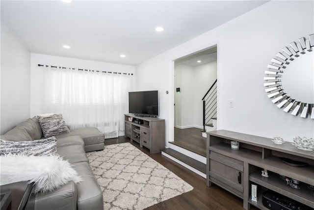 living room with dark hardwood / wood-style floors