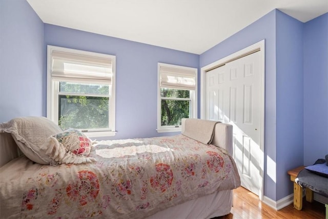 bedroom with a closet, light wood-type flooring, and multiple windows