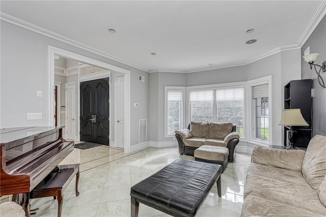 living room with crown molding and light tile patterned flooring