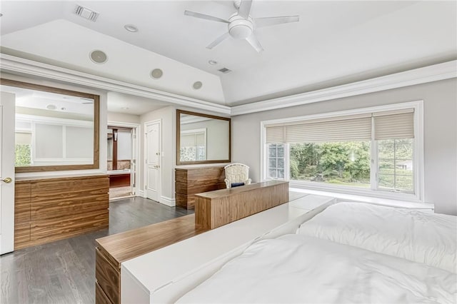 bedroom with vaulted ceiling, ceiling fan, and dark wood-type flooring