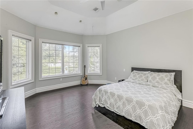 bedroom with dark hardwood / wood-style floors, multiple windows, and ceiling fan