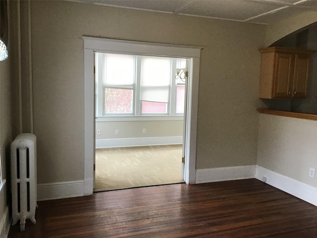 interior space featuring dark hardwood / wood-style floors and radiator heating unit