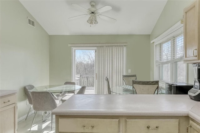 dining room featuring a wealth of natural light, ceiling fan, and lofted ceiling