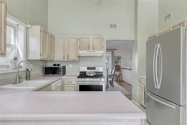 kitchen with a towering ceiling, stainless steel appliances, light hardwood / wood-style floors, and sink