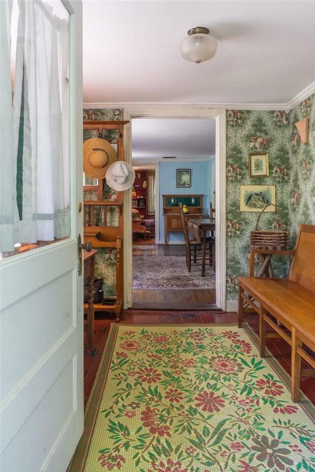 721 County Rte 7, Pine Plains, NY 12567 - hallway featuring wallpapered walls and ornamental molding