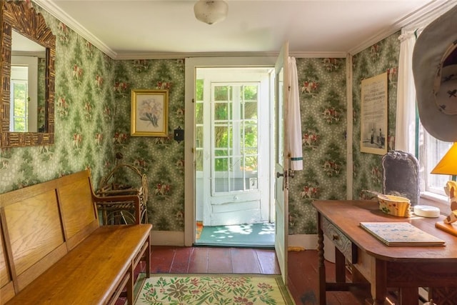 721 County Rte 7, Pine Plains, NY 12567 - doorway to outside featuring wallpapered walls and ornamental molding