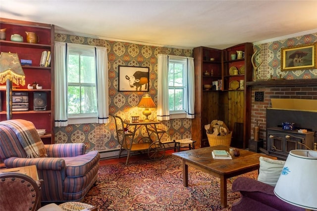 living room with plenty of natural light, crown molding, and a baseboard radiator