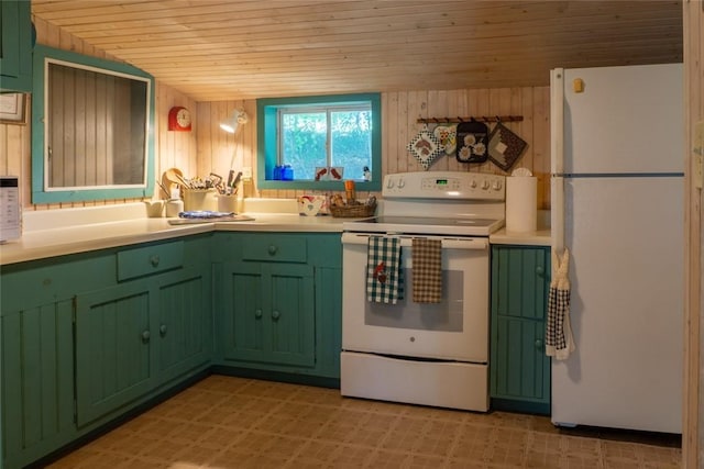 721 County Rte 7, Pine Plains, NY 12567 - kitchen featuring white appliances, green cabinetry, wooden ceiling, light flooring, and light countertops