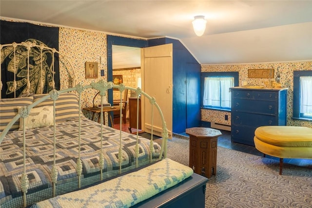 721 County Rte 7, Pine Plains, NY 12567 - bedroom featuring wallpapered walls, vaulted ceiling, and crown molding