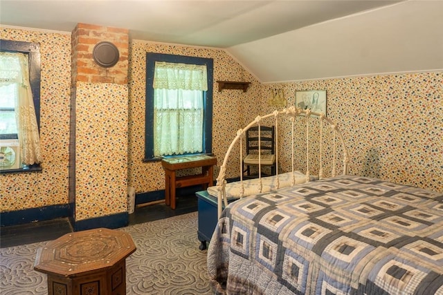 721 County Rte 7, Pine Plains, NY 12567 - bedroom featuring wallpapered walls, lofted ceiling, and wood finished floors