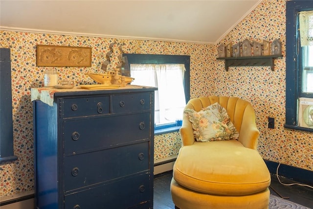 living area with lofted ceiling and ornamental molding