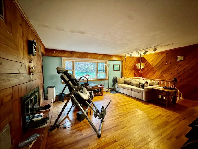 exercise room with wood walls, rail lighting, and light wood-type flooring