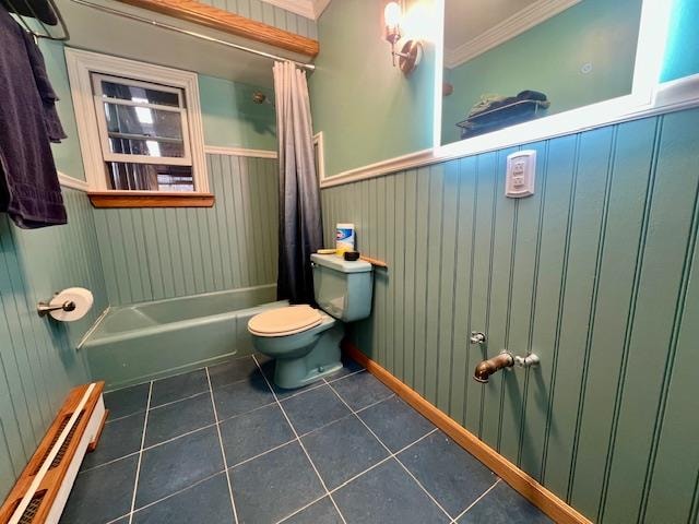 bathroom with a baseboard heating unit, tile patterned floors, crown molding, toilet, and shower / tub combo