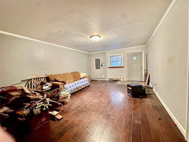 living room with a baseboard heating unit, dark hardwood / wood-style flooring, and ornamental molding