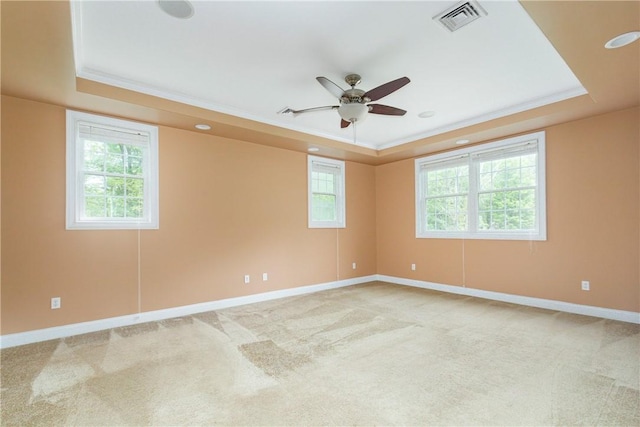 spare room featuring light carpet, a tray ceiling, and ornamental molding