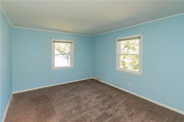 carpeted empty room featuring ornamental molding and a wealth of natural light