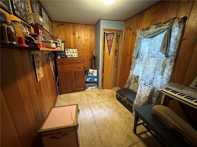 miscellaneous room featuring wooden walls and light colored carpet