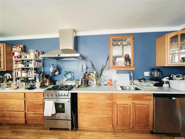 kitchen featuring appliances with stainless steel finishes, ornamental molding, extractor fan, sink, and light hardwood / wood-style flooring