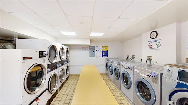 laundry room featuring electric panel and separate washer and dryer