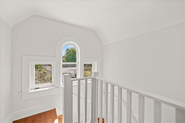 interior space featuring hardwood / wood-style flooring and vaulted ceiling