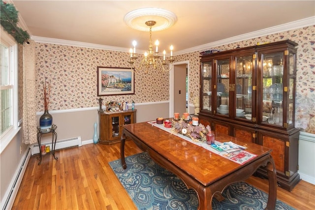 36 Boulder Dr, Cornwall, NY 12553 - dining room with a chandelier, wallpapered walls, baseboard heating, light wood-style flooring, and ornamental molding