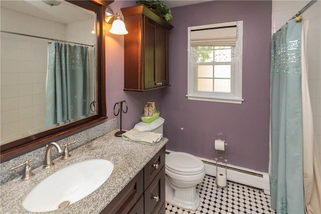 bathroom featuring a shower with shower curtain, vanity, toilet, and baseboard heating